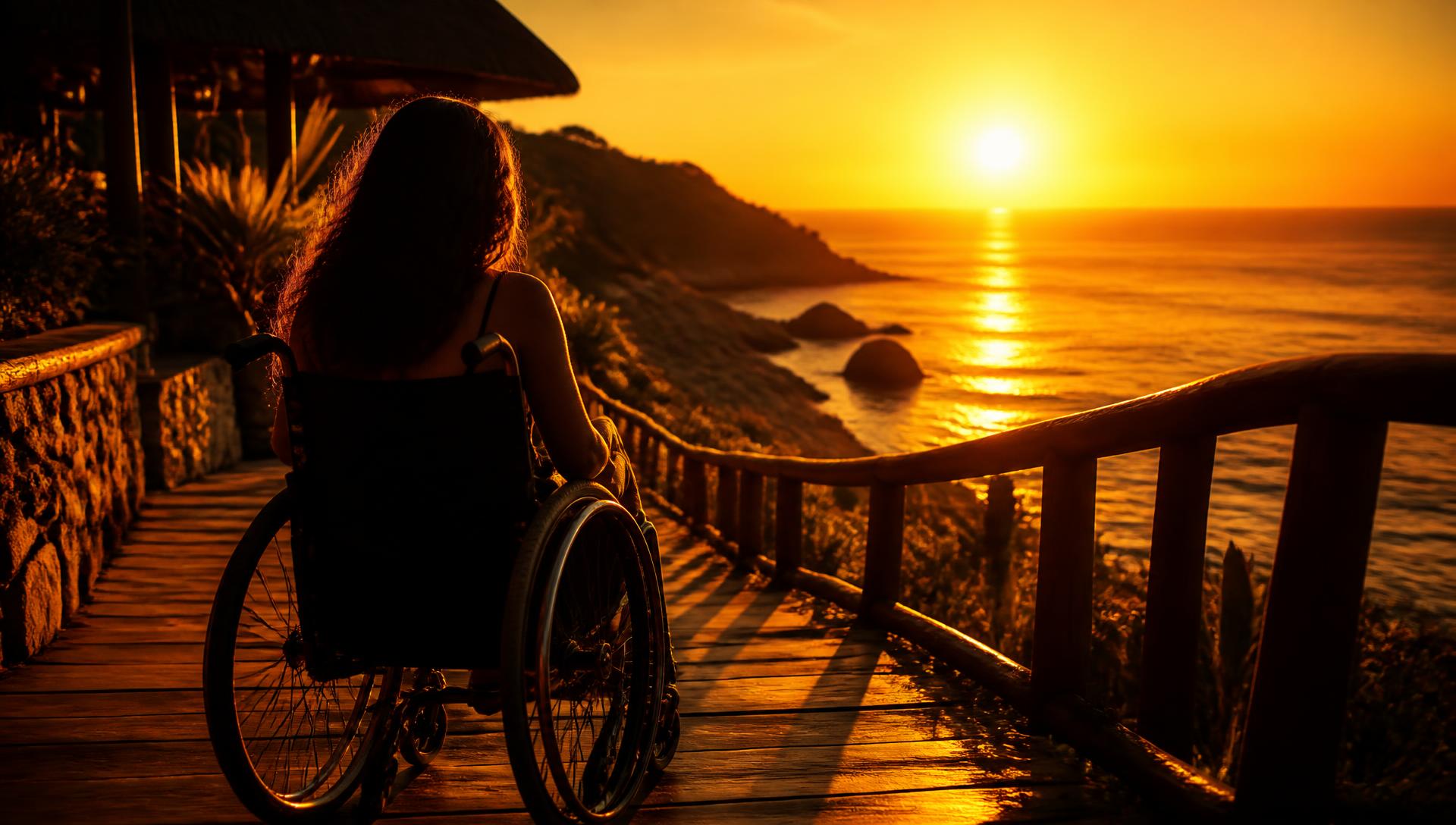 Traveler in a wheelchair on an ocean boardwalk at a golden sunset